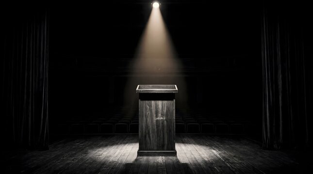 Dramatic wooden podium under single spotlight, empty theater stage with dark curtains, professional speech and presentation background