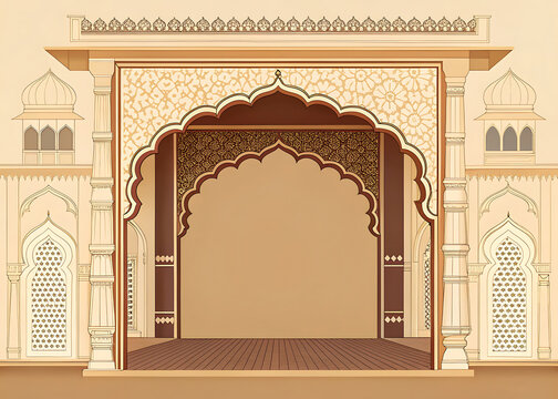 Royal haveli archway from Rajasthan  decorative jharokha elements  curved arch  ornamental pillars  empty center  premium vector art
