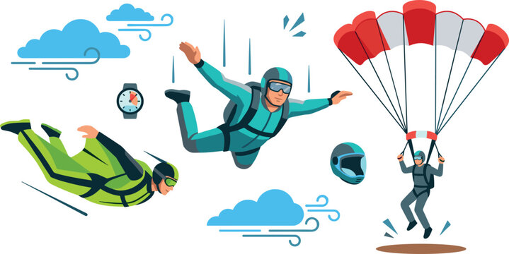 Skydiving Extreme Sport Set with Wingsuit Flyer Parachute Jumper Helmet Watch and Clouds Vector Illustration