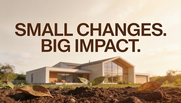 home surrounded by realistic soil, leaves and natural greenery in warm daylight. Premium environmental advertising concept highlighting conscious living with &ldquo;SMALL CHANGES. BIG IMPACT.&rdquo;