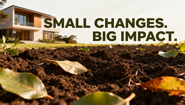 home surrounded by realistic soil, leaves and natural greenery in warm daylight. Premium environmental advertising concept highlighting conscious living with &ldquo;SMALL CHANGES. BIG IMPACT.&rdquo;