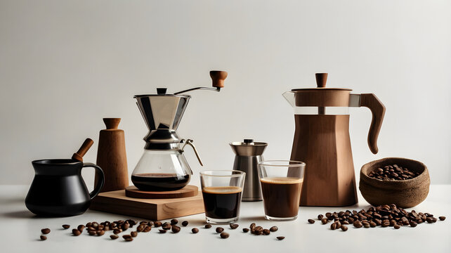 Modern coffee makers collection including moka pot and glass french press on table.