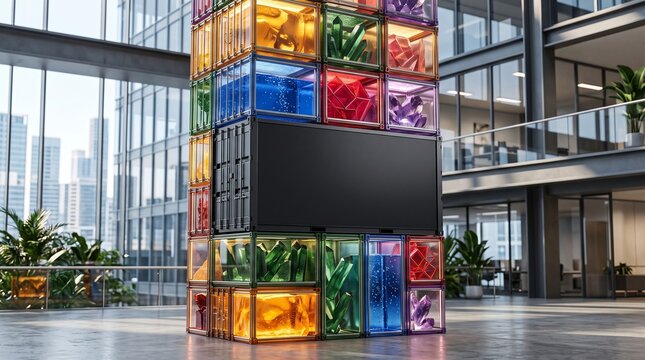 Vibrant modular display tower with colorful translucent cubes, digital screen in a modern office atr