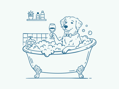 Cute dog wearing a bow tie relaxing in a bubble bath with a glass of wine, line art illustration handdrawn doodle