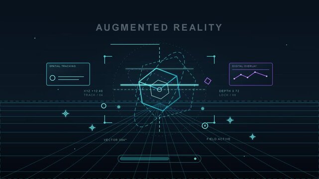 Futuristic digital interface with spatial tracking elements and data visualization graphics on a dark blue background for technology projects