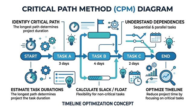 Critical Path Method CPM diagram, project management timeline optimization concept, task dependency flowchart for business planning