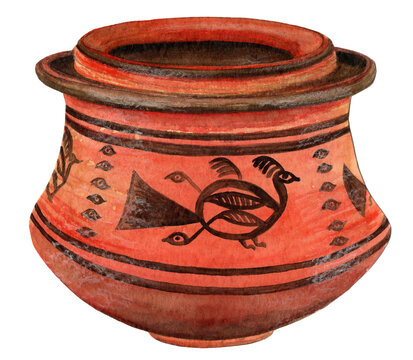 Harappan Cemetery H funeral urn with peacock soul motif, Punjab Indus Valley (2nd millennium BC). Painted red pottery burial jar with eye symbols and psychopomp birds, ancient South Asian art. Artwork