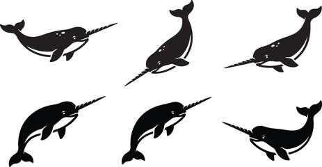 Narwhal Silhouette Collection, Black Sea Unicorn Whale Illustrations © Rizvi
