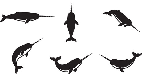 Narwhal Silhouette Collection, Black Sea Unicorn Whale Illustrations © Rizvi