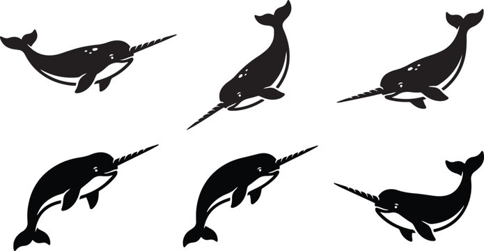 Narwhal Silhouette Collection, Black Sea Unicorn Whale Illustrations