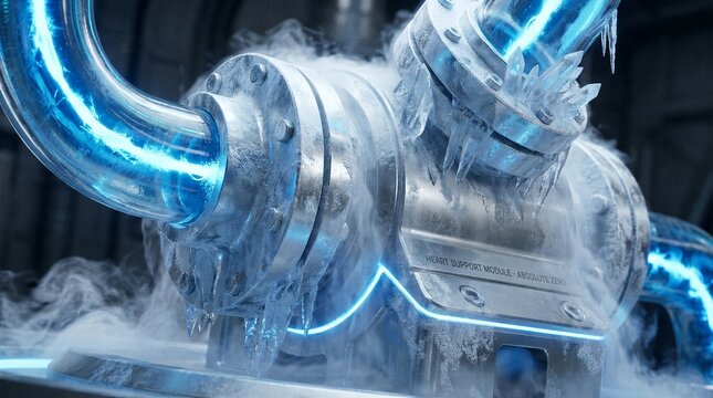 Close up of industrial machinery covered in thick ice and frost with glowing blue energy lines representing absolute zero heart support module technology