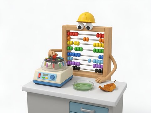 Educational Science Character With Abacus And Laboratory Equipment Conducting Experiments In A Research Environment On A White Background