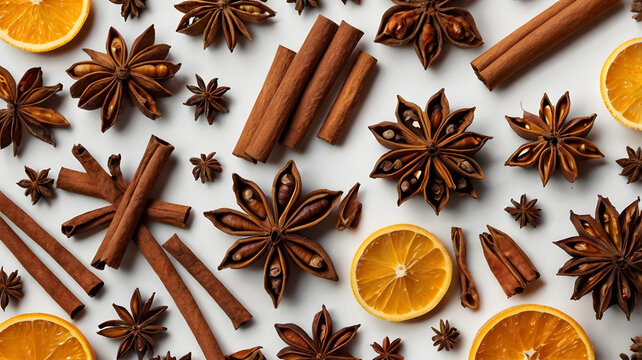 Aromatic winter holiday spices arrangement featuring star anise and cinnamon sticks.
