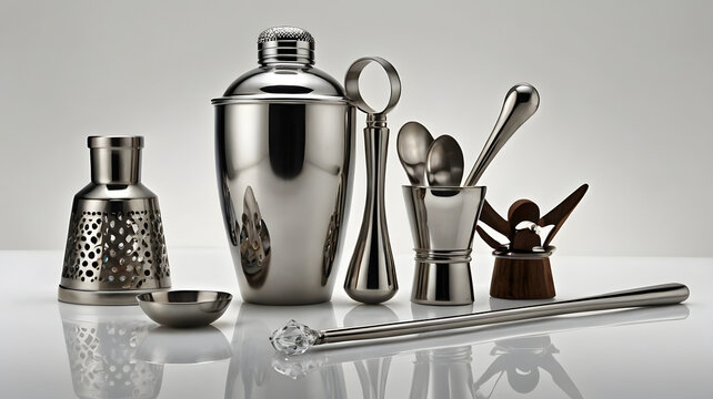 Premium stainless steel cocktail shaker set neatly arranged on clean surface.
