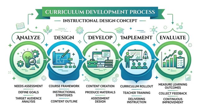 Curriculum development process infographic, instructional design concept diagram, ADDIE model phases for education and training