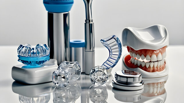 Professional dentistry equipment display with teeth models and transparent aligners.