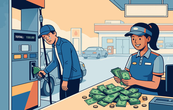 La disperazione e la paura di un uomo di fronte all'insaziabile voracit&agrave; economica del distributore di benzina