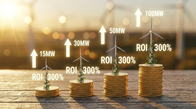 Ascending stacks of gold coins featuring miniature wind turbines with growing megawatt capacity and triple digit ROI percentages visualizing highly profitable green energy investments