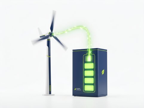 Wind turbine generator charging a large industrial battery system for sustainable green renewable energy storage and grid power management solutions