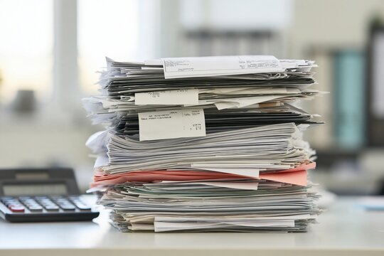 Messy tower of receipts and invoices with a calculator in a modern