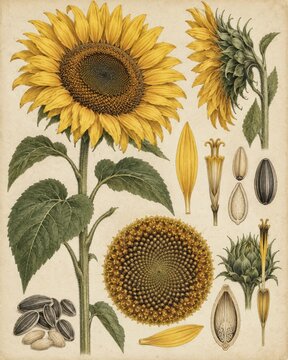 Botanical illustration of a sunflower with various parts, seeds, and petals, set against a vintage paper background