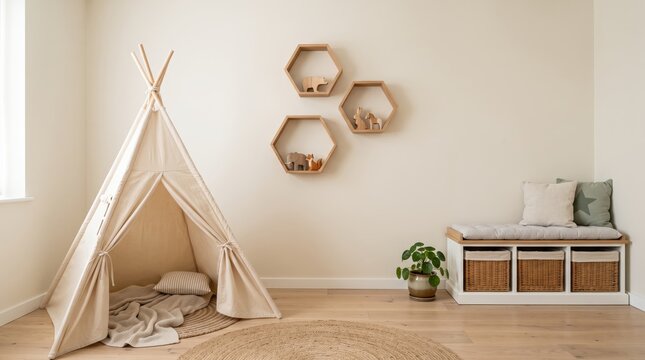 Cozy children playroom interior with beige teepee tent, hexagonal wooden shelves, storage bench with baskets, scandinavian design, neutral colors, minimalist decor