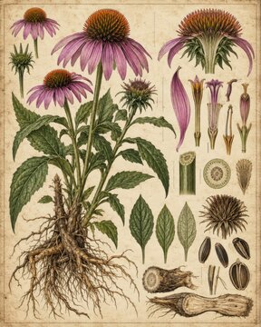 Botanical illustration of an echinacea plant with detailed parts, including roots, stem, leaves, flower, and seeds, on an aged paper background