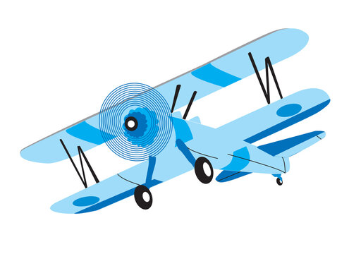 Blue biplane airplane flying with propeller spinning