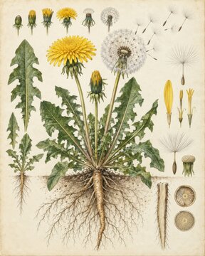 Botanical illustration of a dandelion plant in various stages of growth, showing roots, leaves, flower, and seed head