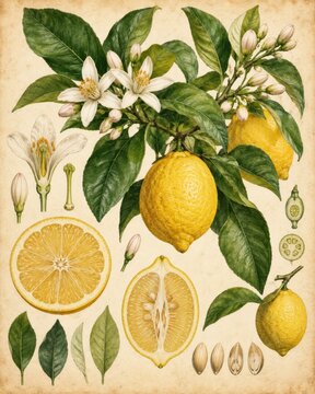 Lemon tree branch with fruit, flower and leaf, vintage botanical illustration
