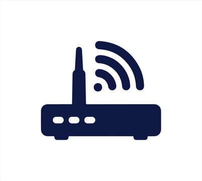 Wireless router icon with transmitter antenna and signal waves representing network connectivity for internet communication.