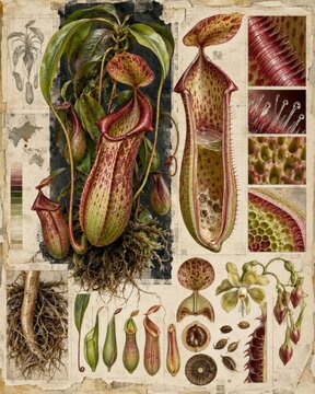 Botanical illustration of pitcher plants and their parts