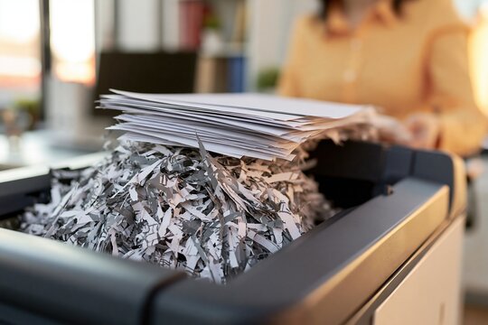 Open office shredder filled with paper strips beneath a document stack