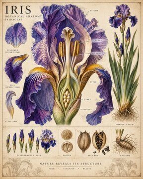 Anatomy of a purple iris flower, showing its structure and parts, botanical illustration