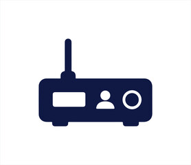 Obraz premium Dark blue router device icon featuring user profile and settings circle for managing network hardware and internet configurations.