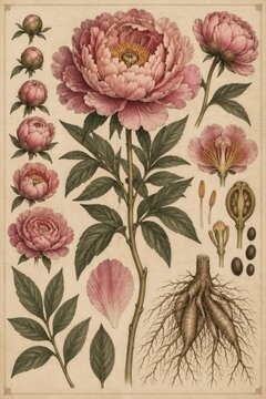 Botanical illustration of a pink peony flower with detailed depictions of its growth stages, leaves, petals, stamen, pistil, seeds, and root system on a textured background