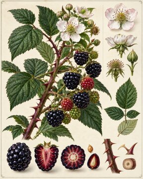 Botanical illustration of a blackberry plant with ripe berries, flowers, and leaves