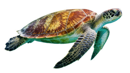 Fototapeta premium Green sea turtle with patterned shell swimming, isolated on transparent background