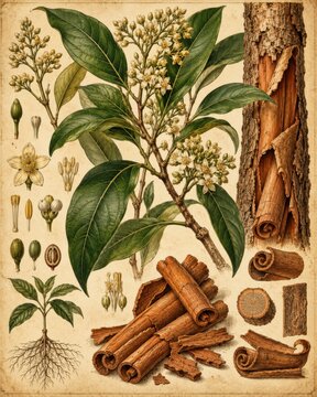 Cinnamon bark and plant illustration, showcasing leaves, flowers, seeds, and root system.