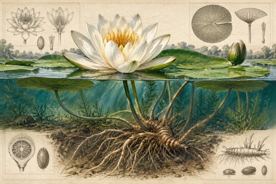 Detailed botanical illustration of a water lily plant, showing its bloom above and roots below the water surface, with accompanying diagrams