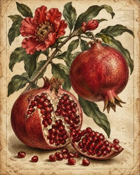 Pomegranate branch with ripe fruit and flower, illustration