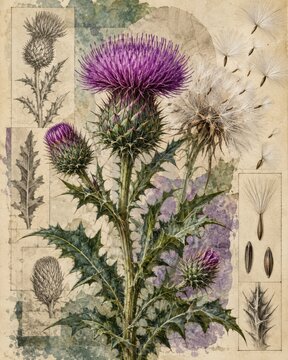 Vintage botanical illustration of a purple thistle with dandelion seeds and leaves, watercolor painting style
