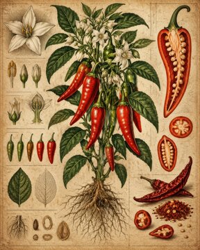 Vintage botanical illustration of a chili pepper plant with detailed close-ups of its various stages of growth and fruit