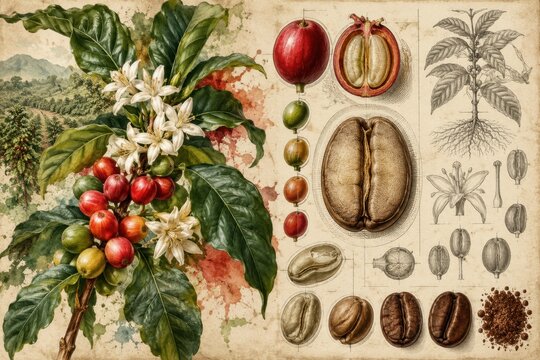 Coffee plant, its flowers, beans, and berries illustrated in an antique style