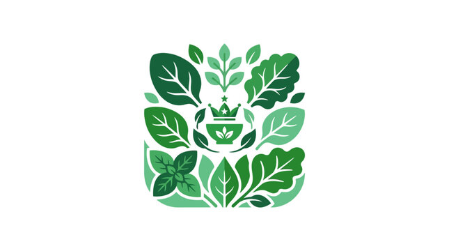 Green herbal leaf illustration with crown and bowl icon