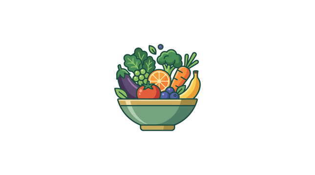 Green bowl overflowing with varied colorful fruits and vegetables.