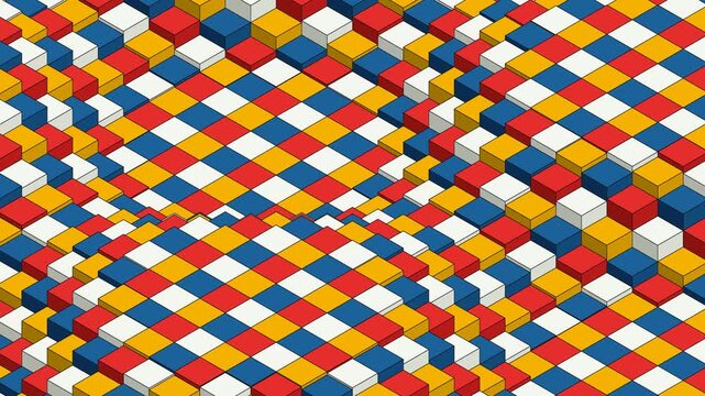 Mondrian Style Isometric Geometric Cube Motion Graphic Loop Background. 3D De Stijl Architectural Grid Geometric Sliding Motion Background