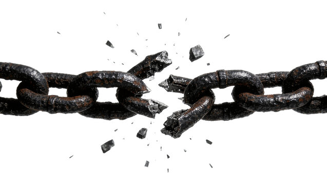 Rusty metal chain breaking apart with debris flying, isolated on transparent background