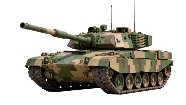 Camouflaged modern battle tank with large cannon, isolated on transparent background