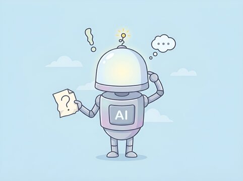 A thoughtful cartoon robot character examining a mysterious question mark paper representing artificial intelligence inquiry and data processing concepts